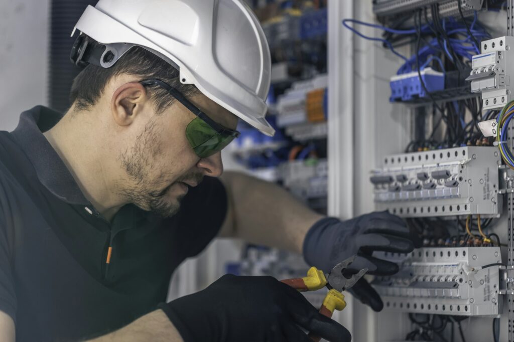 A male electrician works in a switchboard using an electrical connection cable.